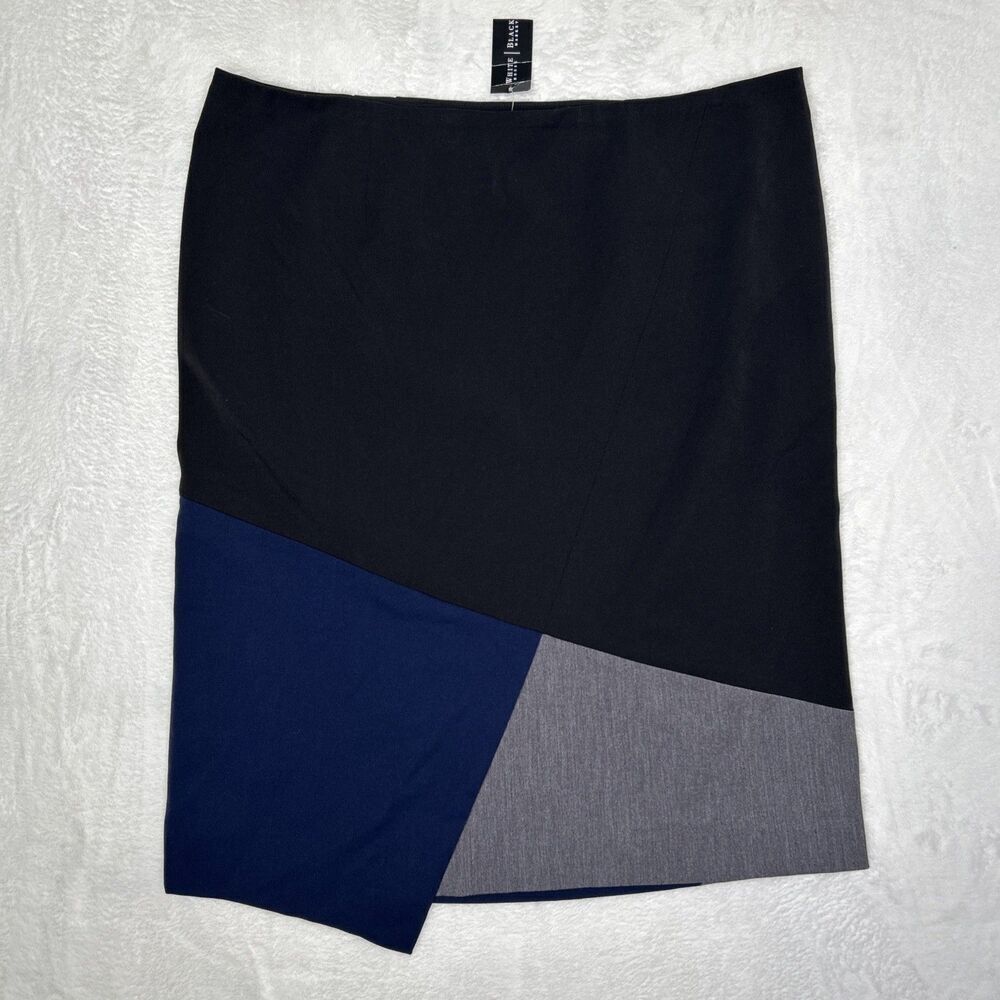 White House Black Market Faux Wrap Skirt Women’s 14 Black Blue Asymmetrical